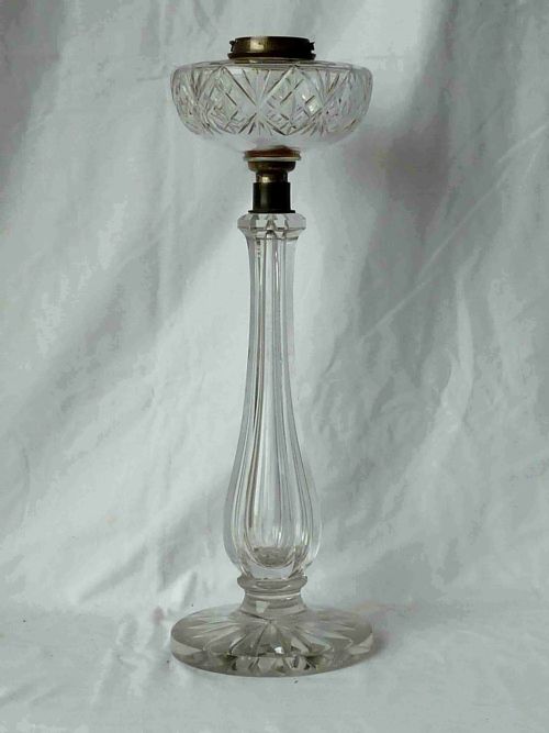 English Victorian Cut Crystal Glass Column Table Oil Lamp