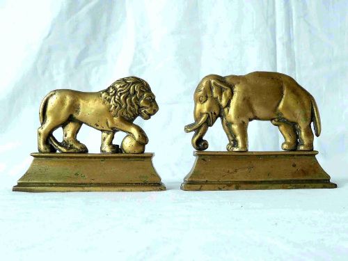 elephant lion pair victorian cast brass animals fireplace decoration - CATEGORY: ANTIQUE METAL - DATED 1880