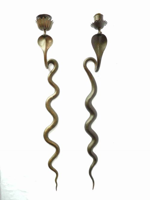 indian snake wall candle lamps lights sconces pair 19c brass cobra - CATEGORY: ANTIQUE LIGHTING - DATED 1880