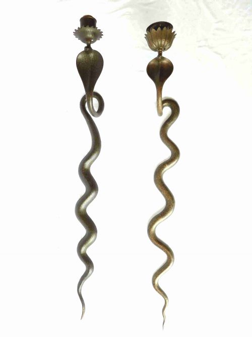 INDIAN SNAKE WALL CANDLE LAMPS LIGHTS SCONCES PAIR 19C BRASS COBRA - ADDITIONAL PHOTO 1