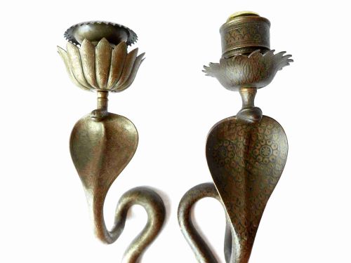 INDIAN SNAKE WALL CANDLE LAMPS LIGHTS SCONCES PAIR 19C BRASS COBRA - ADDITIONAL PHOTO 2