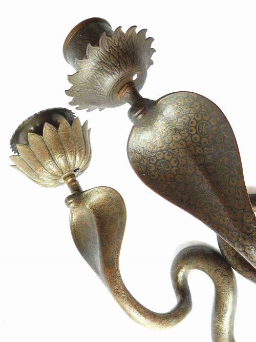 INDIAN SNAKE WALL CANDLE LAMPS LIGHTS SCONCES PAIR 19C BRASS COBRA - ADDITIONAL PHOTO 6