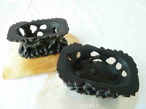 PAIR CHINESE CARVED HARDWOOD STANDS MOP GOLD LIP SHELL MOTHER OF PEARL TAZZA DISH - ADDITIONAL PHOTO 1