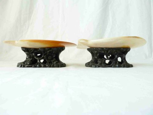 PAIR CHINESE CARVED HARDWOOD STANDS MOP GOLD LIP SHELL MOTHER OF PEARL TAZZA DISH - ADDITIONAL PHOTO 2