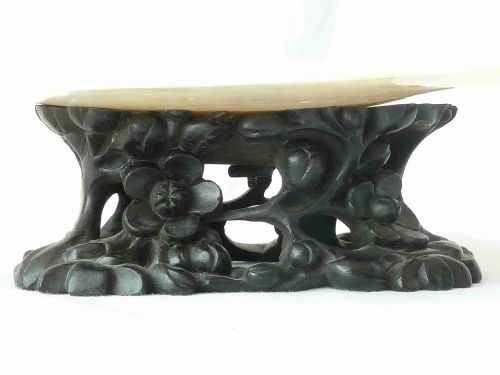 PAIR CHINESE CARVED HARDWOOD STANDS MOP GOLD LIP SHELL MOTHER OF PEARL TAZZA DISH - ADDITIONAL PHOTO 3