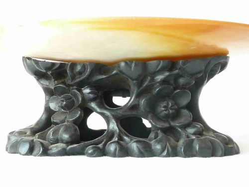 PAIR CHINESE CARVED HARDWOOD STANDS MOP GOLD LIP SHELL MOTHER OF PEARL TAZZA DISH - ADDITIONAL PHOTO 4
