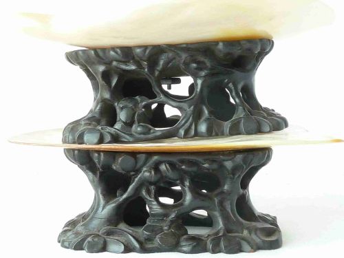 PAIR CHINESE CARVED HARDWOOD STANDS MOP GOLD LIP SHELL MOTHER OF PEARL TAZZA DISH - ADDITIONAL PHOTO 5