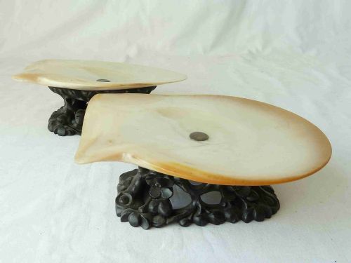 PAIR CHINESE CARVED HARDWOOD STANDS MOP GOLD LIP SHELL MOTHER OF PEARL TAZZA DISH - ADDITIONAL PHOTO 6