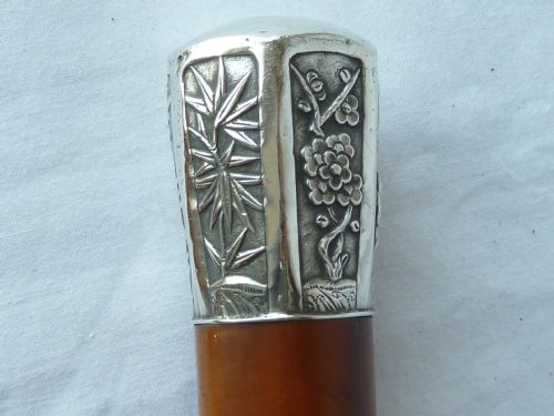 CHINESE EXPORT SILVER TOP WALKING STICK CANE MALACCA CALLIGRAPHY MARKED WH90 WANG HING - ADDITIONAL PHOTO 4