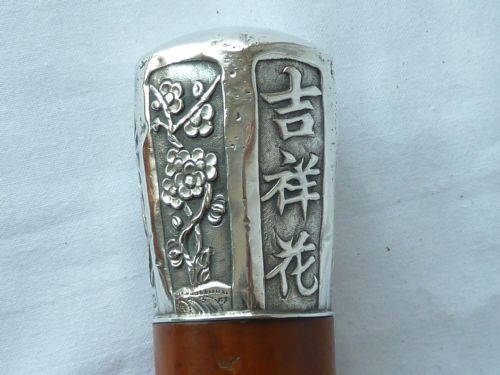 CHINESE EXPORT SILVER TOP WALKING STICK CANE MALACCA CALLIGRAPHY MARKED WH90 WANG HING - ADDITIONAL PHOTO 6