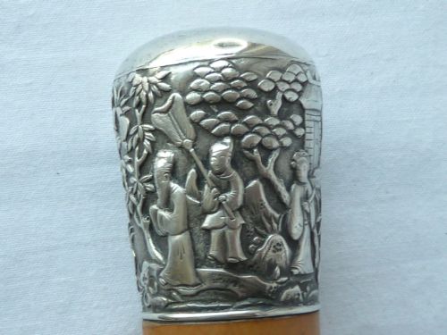 CHINESE EXPORT SILVER TOP WALKING STICK CANE MALACCA BTH - ADDITIONAL PHOTO 5