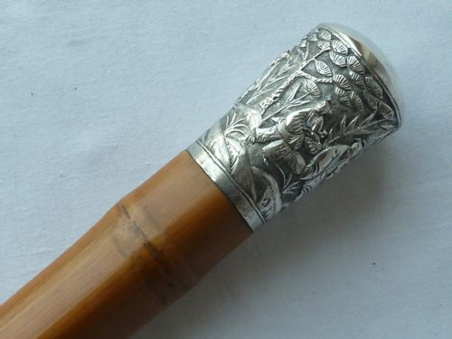 chinese export silver top walking stick cane square bamboo - CATEGORY: ANTIQUE MISCELLANEOUS - DATED 1890