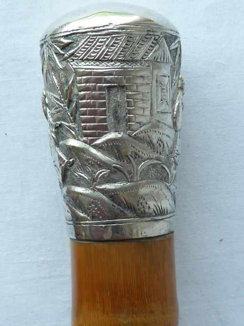 CHINESE EXPORT SILVER TOP WALKING STICK CANE SQUARE BAMBOO - ADDITIONAL PHOTO 4