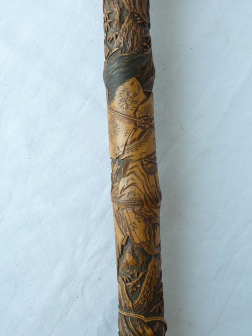JAPANESE EXPORT WALKING STICK CANE CARVED SAMURAI BAMBOO - ADDITIONAL PHOTO 7