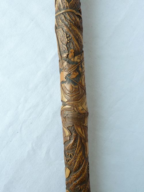 JAPANESE EXPORT WALKING STICK CANE CARVED SAMURAI BAMBOO - ADDITIONAL PHOTO 8
