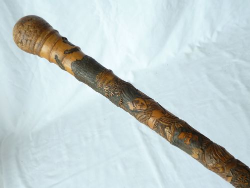 JAPANESE EXPORT WALKING STICK CANE CARVED SAMURAI BAMBOO - ADDITIONAL PHOTO 12