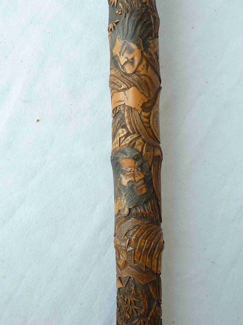 JAPANESE EXPORT WALKING STICK CANE CARVED SAMURAI BAMBOO - ADDITIONAL PHOTO 4
