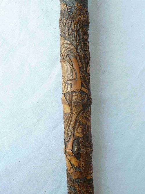 JAPANESE EXPORT WALKING STICK CANE CARVED SAMURAI BAMBOO - ADDITIONAL PHOTO 5