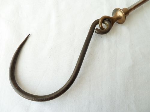 GEORGIAN MEAT ROASTING TRAMMEL ADJUSTABLE HOOK BRASS WROUGHT IRON POT HANGER HEARTH - ADDITIONAL PHOTO 3