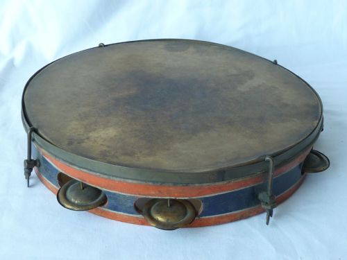 victorian painted tambourine english percussion drum musical instrument - CATEGORY: ANTIQUE MISCELLANEOUS - DATED 1850