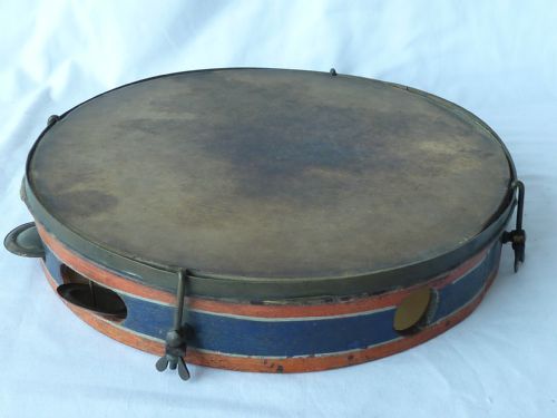 VICTORIAN PAINTED TAMBOURINE ENGLISH PERCUSSION DRUM MUSICAL INSTRUMENT - ADDITIONAL PHOTO 1