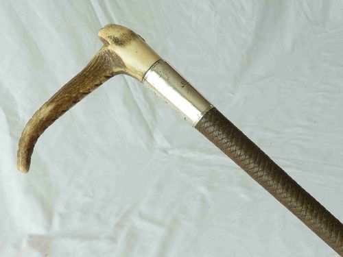 1909 silver swaine adeney london fox hunting crop whip leather stag antler - CATEGORY: ANTIQUE MISCELLANEOUS - DATED 1910