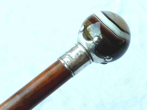 banded agate ball 1890 silver handle walking stick cane hallmarked victorian - CATEGORY: ANTIQUE MISCELLANEOUS - DATED 1890