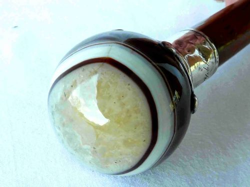 BANDED AGATE BALL 1890 SILVER HANDLE WALKING STICK CANE HALLMARKED VICTORIAN - ADDITIONAL PHOTO 1