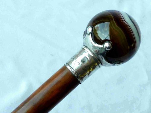 BANDED AGATE BALL 1890 SILVER HANDLE WALKING STICK CANE HALLMARKED VICTORIAN - ADDITIONAL PHOTO 2