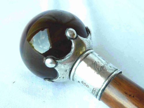 BANDED AGATE BALL 1890 SILVER HANDLE WALKING STICK CANE HALLMARKED VICTORIAN - ADDITIONAL PHOTO 5