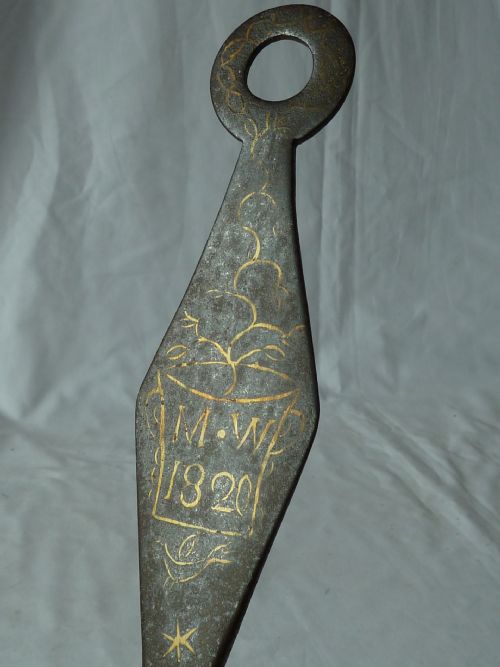 WELSH GEORGIAN STEEL TOASTING FORK SKEWER HOOK HOLDER HANGER BRASS INLAY SAME MAKER - ADDITIONAL PHOTO 7