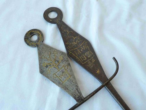 WELSH GEORGIAN STEEL TOASTING FORK SKEWER HOOK HOLDER HANGER BRASS INLAY SAME MAKER - ADDITIONAL PHOTO 1