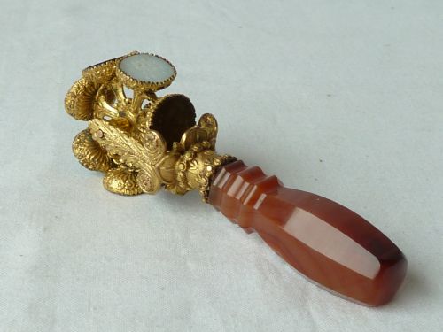 WHEEL SEAL GILT BRASS AGATE GLASS VICTORIAN LETTER WAX INTAGLIO - ADDITIONAL PHOTO 2