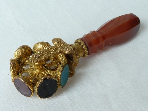 WHEEL SEAL GILT BRASS AGATE GLASS VICTORIAN LETTER WAX INTAGLIO - ADDITIONAL PHOTO 11