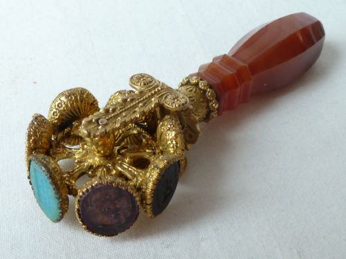 WHEEL SEAL GILT BRASS AGATE GLASS VICTORIAN LETTER WAX INTAGLIO - ADDITIONAL PHOTO 13