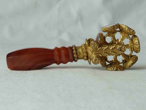 wheel seal gilt brass agate glass victorian letter wax intaglio - CATEGORY: ANTIQUE METAL - DATED VICTORIAN