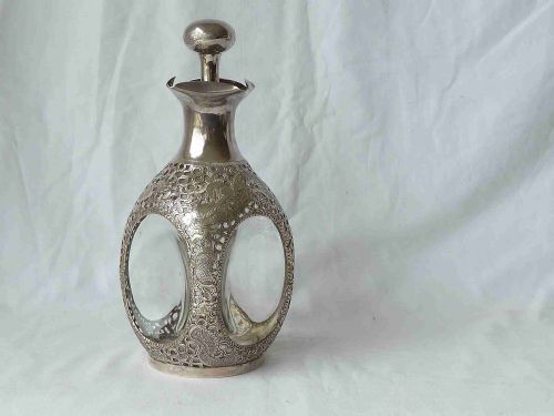 chinese export silver overlay dragon dimple glass decanter tack hing haig whisky - CATEGORY: ANTIQUE SILVER - DATED 1900