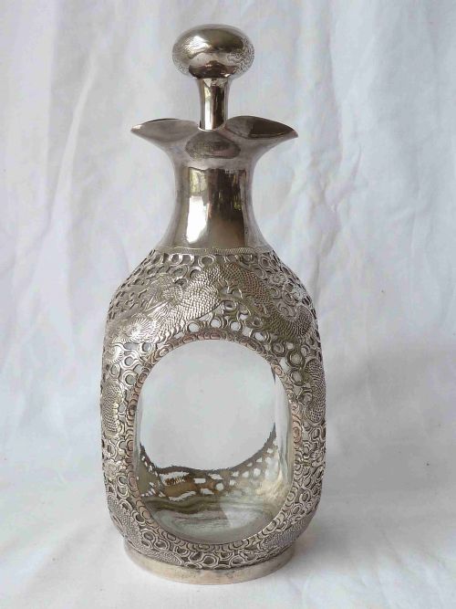 CHINESE EXPORT SILVER OVERLAY DRAGON DIMPLE GLASS DECANTER TACK HING HAIG WHISKY - ADDITIONAL PHOTO 1