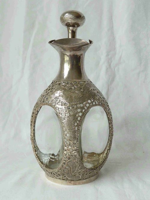 CHINESE EXPORT SILVER OVERLAY DRAGON DIMPLE GLASS DECANTER TACK HING HAIG WHISKY - ADDITIONAL PHOTO 2