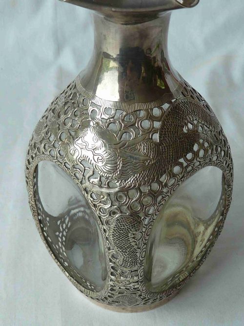CHINESE EXPORT SILVER OVERLAY DRAGON DIMPLE GLASS DECANTER TACK HING HAIG WHISKY - ADDITIONAL PHOTO 7