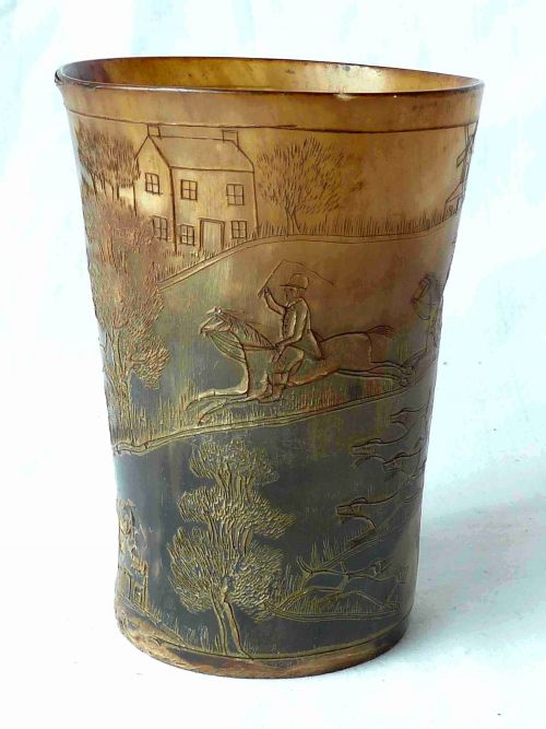 scrimshaw engraved horn cup fox hunt hounds late georgian early victorian - CATEGORY: ANTIQUE MISCELLANEOUS - DATED 1800