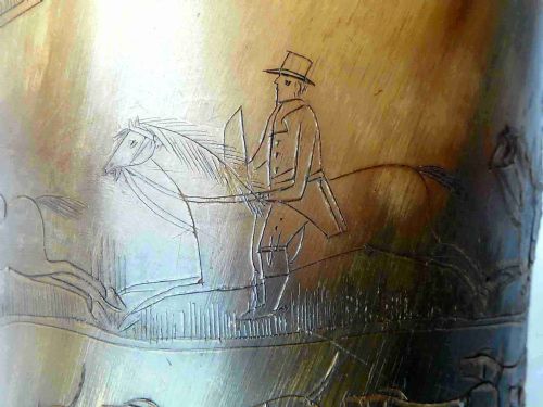 SCRIMSHAW ENGRAVED HORN CUP FOX HUNT HOUNDS LATE GEORGIAN EARLY VICTORIAN - ADDITIONAL PHOTO 4