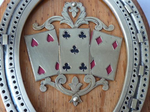 HORSE SHOE PLAYING CARDS BOX CRIBBAGE BOARD CRIB BRASS OAK VICTORIAN - ADDITIONAL PHOTO 3