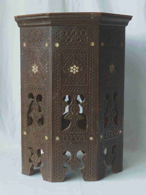 ANGLO INDIAN CARVED TEAK MOTHER OF PEARL INLAID OCTAGONAL TABLE MOORISH - ADDITIONAL PHOTO 1