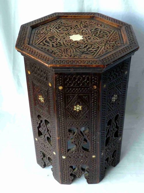 ANGLO INDIAN CARVED TEAK MOTHER OF PEARL INLAID OCTAGONAL TABLE MOORISH - ADDITIONAL PHOTO 2