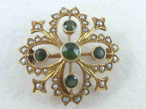 victorian 15k gold pendant brooch split seed pearls peridot boxed hallmarked - CATEGORY: ANTIQUE JEWELLERY - DATED 1900