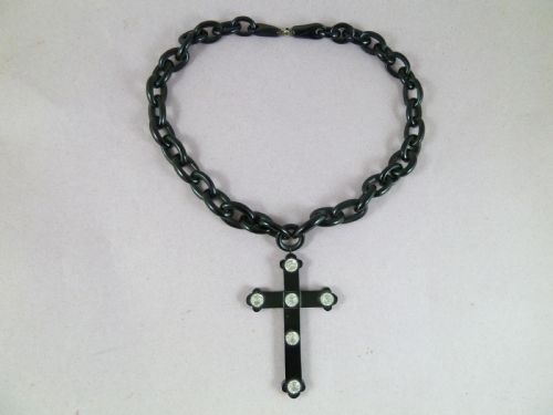 hand carved whitby jet cross paste chain necklace victorian - CATEGORY: ANTIQUE JEWELLERY - DATED 1880