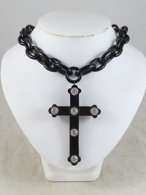 HAND CARVED WHITBY JET CROSS PASTE CHAIN NECKLACE VICTORIAN - ADDITIONAL PHOTO 3