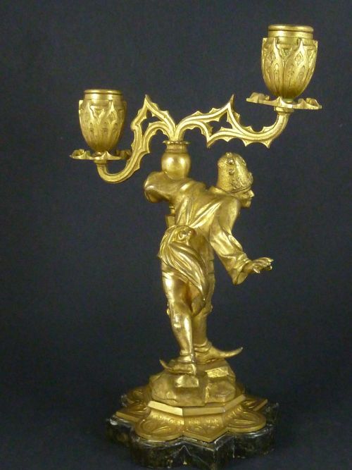 PAIR ORMOLU CANDELABRA RENAISSANCE REVIVAL FIGURAL MEDIEVALIST GILT BRONZE CANDLESTICKS - ADDITIONAL PHOTO 4