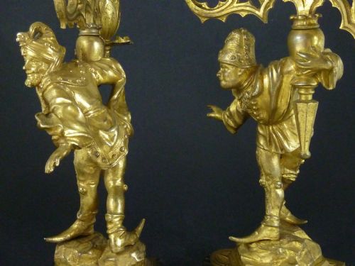 PAIR ORMOLU CANDELABRA RENAISSANCE REVIVAL FIGURAL MEDIEVALIST GILT BRONZE CANDLESTICKS - ADDITIONAL PHOTO 9
